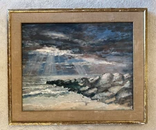 Antique Oil Painting Post Impressionist Circa 1920's Sea Coastal Ocean Framed