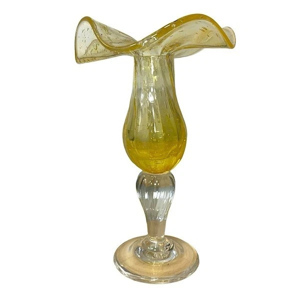 VTG Saba Bio Candlestick 7"  French Art Glass Bubble Clear Yellow Open Flower 7" - Image 3 of 4