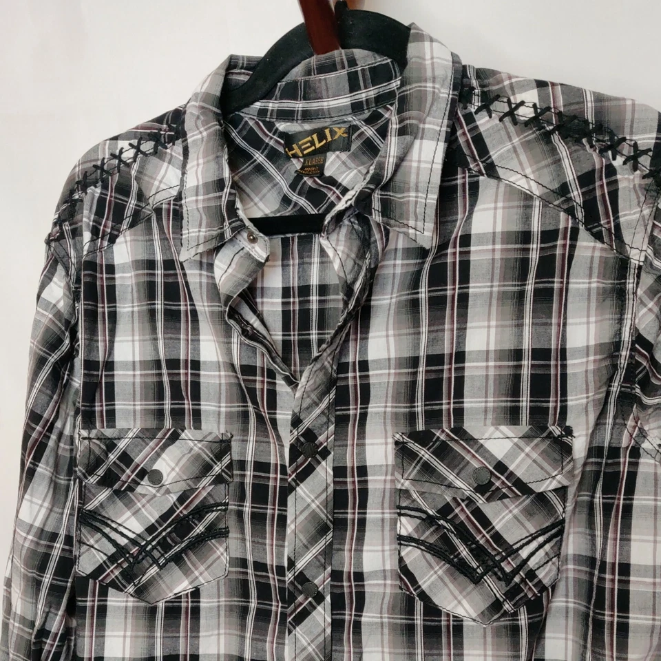 Helix men's size XL plaid shirt black multicolor collar snap long sleeve pockets - Image 4 of 4