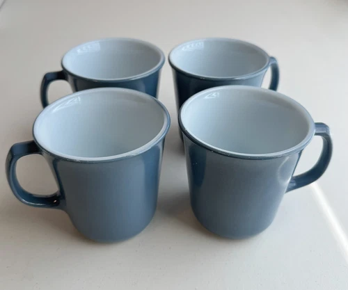 Set Of 4 Vintage Pyrex Slate Blue Coffee Mug Cups Glass Used