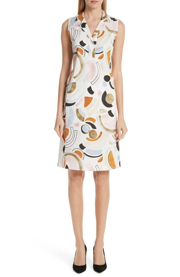 LAFAYETTE 148 New York Mod Mid-Century Abstract Print Collar Shift Shirt Dress 6 - Image 2 of 4