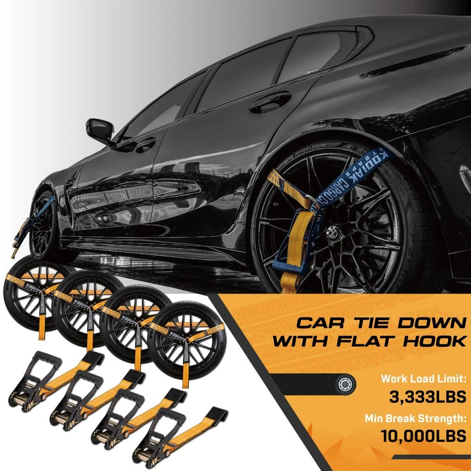 Correia de amarração de carro 4 peças com gancho plano alça de catraca para reboque de carro 2"x10' 5" - Imagem 3 de 4