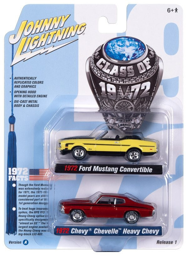 JOHNNY LIGHTNING 1/64 1972 FORD MUSTANG & 1972 CHEVY CHEVLLE HEAVY CHEVY JLPK017