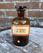Vintage Amber Apothecary Medical Pharmacy Jar Chemists Jar Vitamin A In Ol