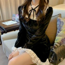 Women Lace Velvet Dress Ruffle Frill Gothic Lady Mini Retro Lolita Party Dress