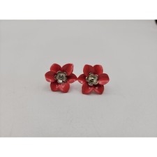 Silver tone Pink enamel flower floral earrings 7/8"