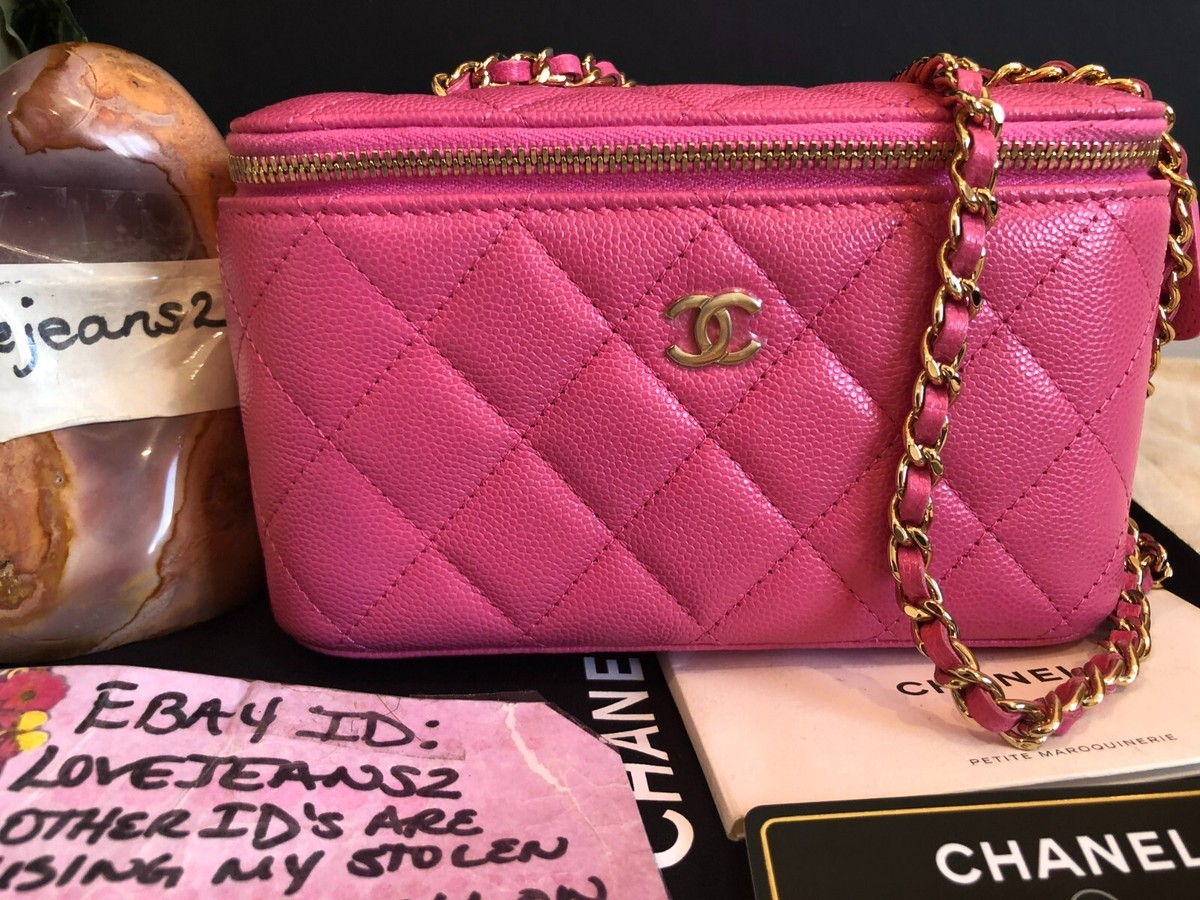 CHANEL ★ Chanel CC Matelasse Caviar Leather Vanity Bag Pink Chanel Caviar Vanity Hot Pink Quilted CC Chain Vanity