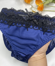 Vintage Navy Blue Polyester Slippery Panty Nylon Lace Patch Hi Cut Briefs Sz.5