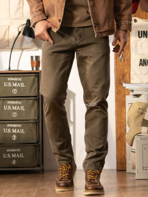 パンツ BROWN COTTON PANTS Men's Retro Brown Cotton Pants Straight-leg Washed Brown