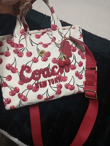 Large Coach New York Cherry Print Top Handle Satchel, Zip, Gold Hardware, Strap