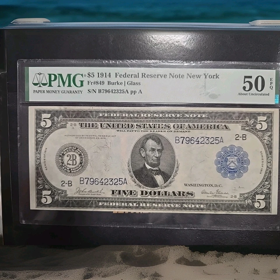 1914 $5 Federal Reserve Note – New York Fr.849 PMG 50 EPQ AU – Burke | Glass – L - Image 3 of 4