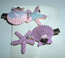 2 PINK PURPLE ENAMEL AND PEARL GOLDEN SEA SHELL HAIR CLIPS NWT