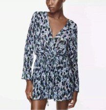 ZARA NWT Medium Printed Pleated Jumpsuit Romper V-neck Wrap Front Elastic Waist