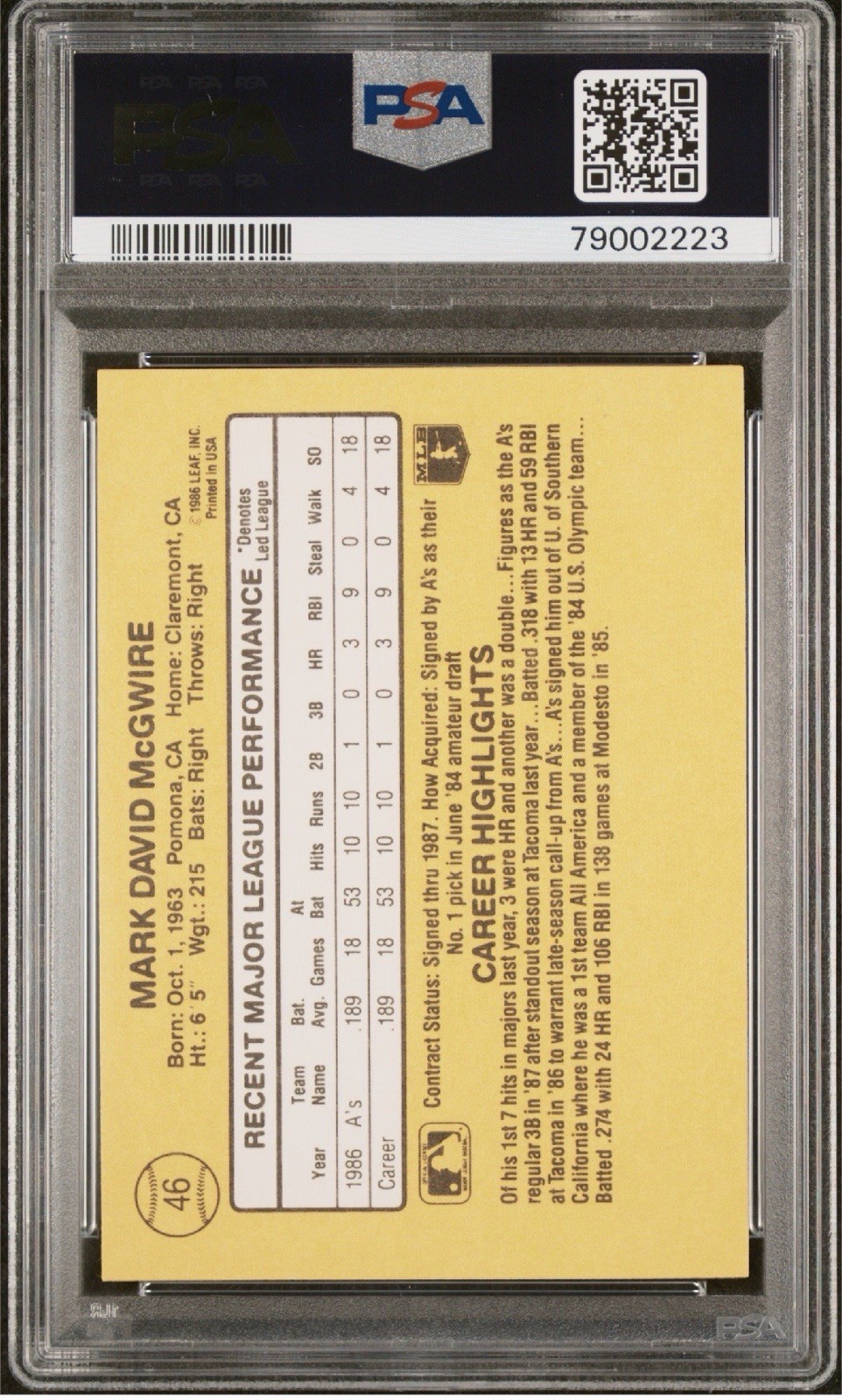1987 Donruss Mark McGwire #46 PSA 10 Rated Rookie Card RC Oakland Athletics view 2