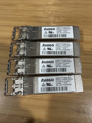 (4) Four Avago AFBR-57F5MZ-ELX 16GB SFP+ 850NM Optical Transceiver Modules