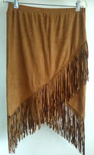 1970s Hippie Boho Skirt Layered Fringe Faux Suede Brown Knee Lgth Western Sz Sm