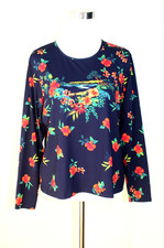 LANDS END Swim Top Rush Guard Long Sl. Navy Red Green Tropical Floral XLP 18 02