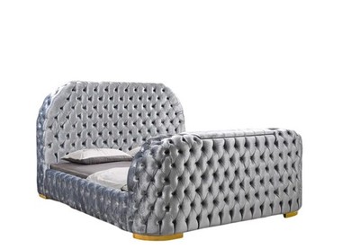 New Leon Velvet Queen Bed Frame TV Stand Fireplace in Footboard Golden Legs Gray