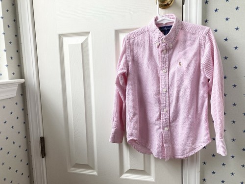 Ralph Lauren rosa Seersucker camicia elegante con bottoni 5 ragazzi a righe $55 vintage POLO - Foto 18 di 24