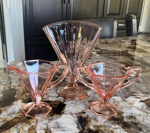 Vintage Pink Depression Glass Sugar & Creamer, and Fan Vase