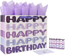 16.5" Extra Large Purple Happy Birthday Gift Bag Set with Handles, Greeting Card