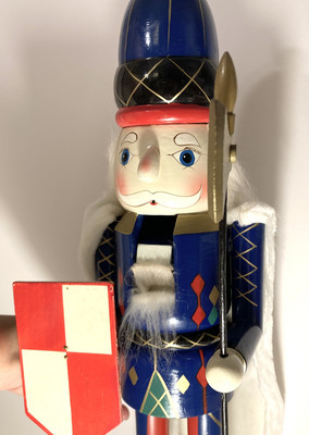 Vintage New 20  Tall Knight Nutcracker Wood Axe & Shield Blue Jacket