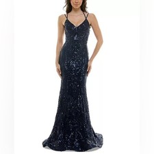 B Darlin Juniors' Sequined Lace-Up Gown Navy Sz 7/8 NWT