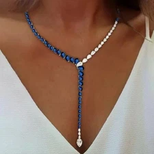 36Ctw Pear Blue Sapphire & Diamond 14k White Gold Plated Wedding Tennis Necklace