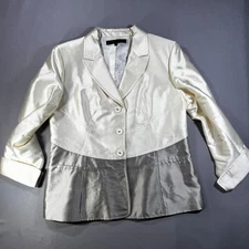 Anne Klein Jacket Womens 14 Wool Silk Silver White Colorblock Blazer Cuff Sleeve
