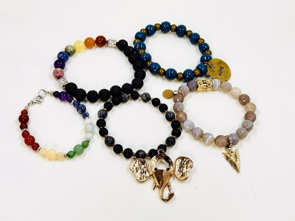 Juego de 5 pulseras de piedra natural de vidrio y cuentas dijes elefante arco iris Foto 2 de 4