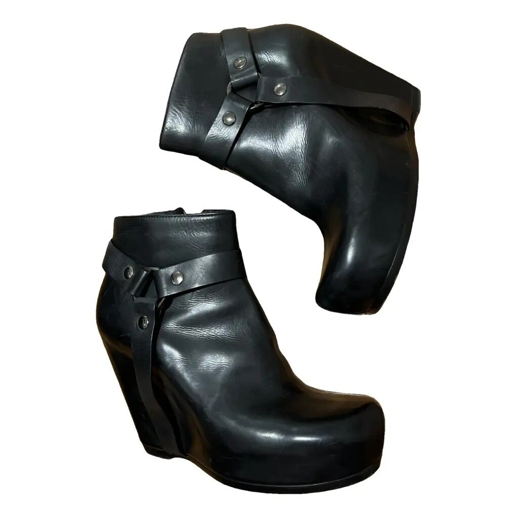 Rick Owens Vintage Black Oiled Ankle Calf Leather Harness Wedge