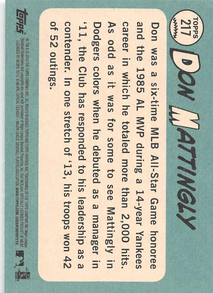2014 Topps Heritage #217 Don Mattingly Los Angeles Dodgers Baseball Card ID38144 - Image 2 of 2