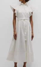 $495 Aje Women's White Kindred Frill Sleeve Midi Shirt Dress Size 8