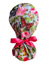 Butterfly SATIN LINED Ponytail Scrub Cap Nurse Medical Hat Hair protection