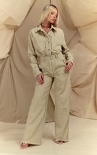 Pretty Little Thing Tan Denim Cargo Jumpsuit Long Sleeve Size US2, EUC