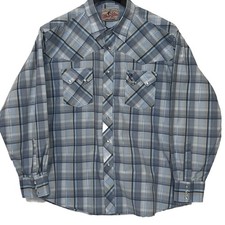 Wrangler Pearl Snap Long Sleeve Western Shirt Light Blue Silver Plaid See Measur