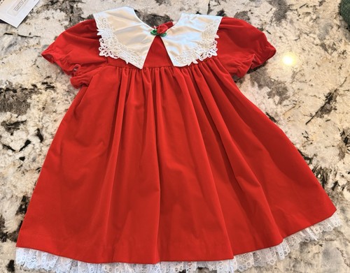VTG JoLene Girls 4T Holiday Dress Red Velvet White Lace Rose Satin Jo Lene USA