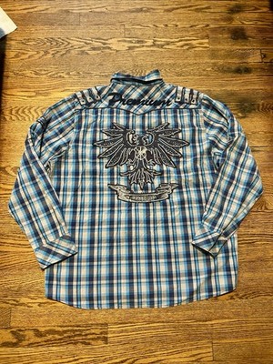 VTG Y2K Blue Grunge Rodeo Snap Up Plaid Embroidered Eagle Western Shirt XXL 2XL