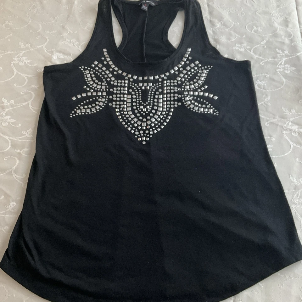 Rock & Republic Black Tank Top with Silver Accents Size Medium - Image 2 of 4
