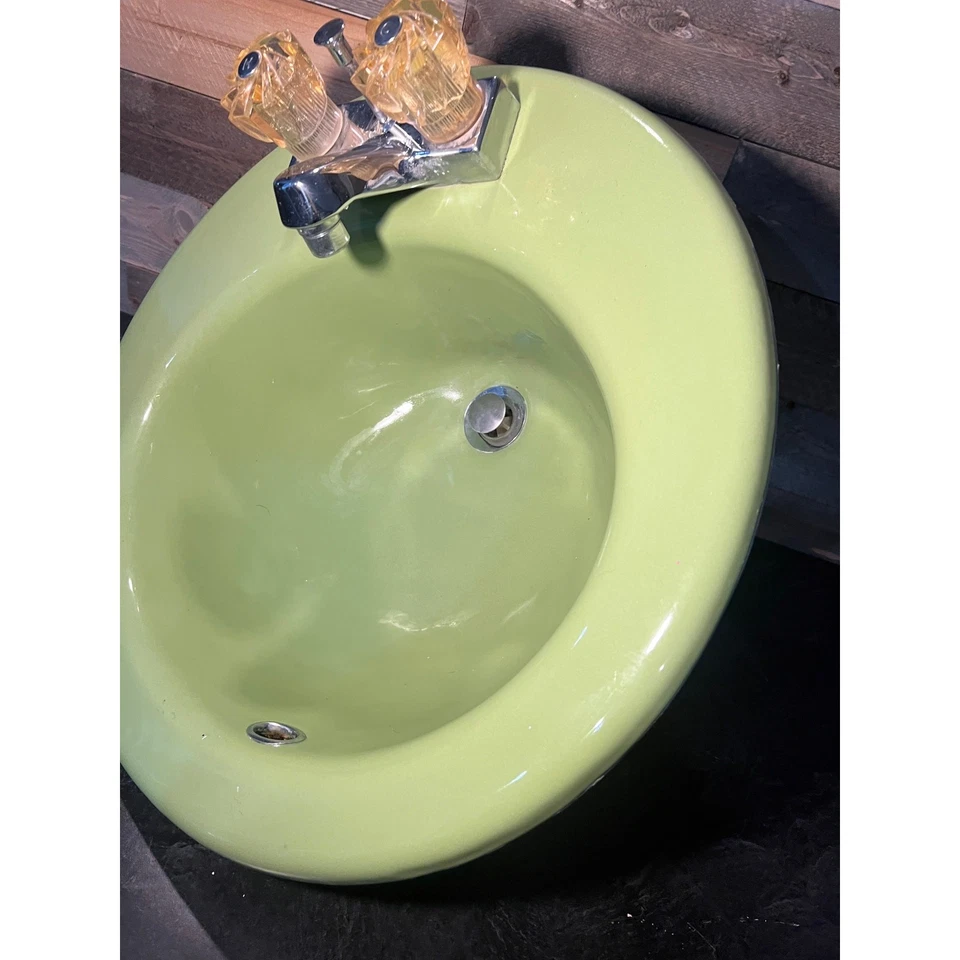 Fregadero de baño vintage Kohler verde lima retro años 70 hierro fundido caída redonda medio mod  Foto 4 de 4