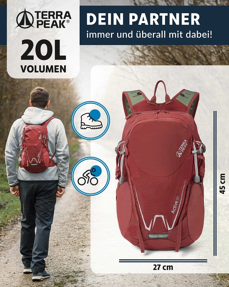 ® Premium Wanderrucksack 20L ACTIVE 20 Damen Herren  Erwachsene klein rot - T... - Bild 3 von 4