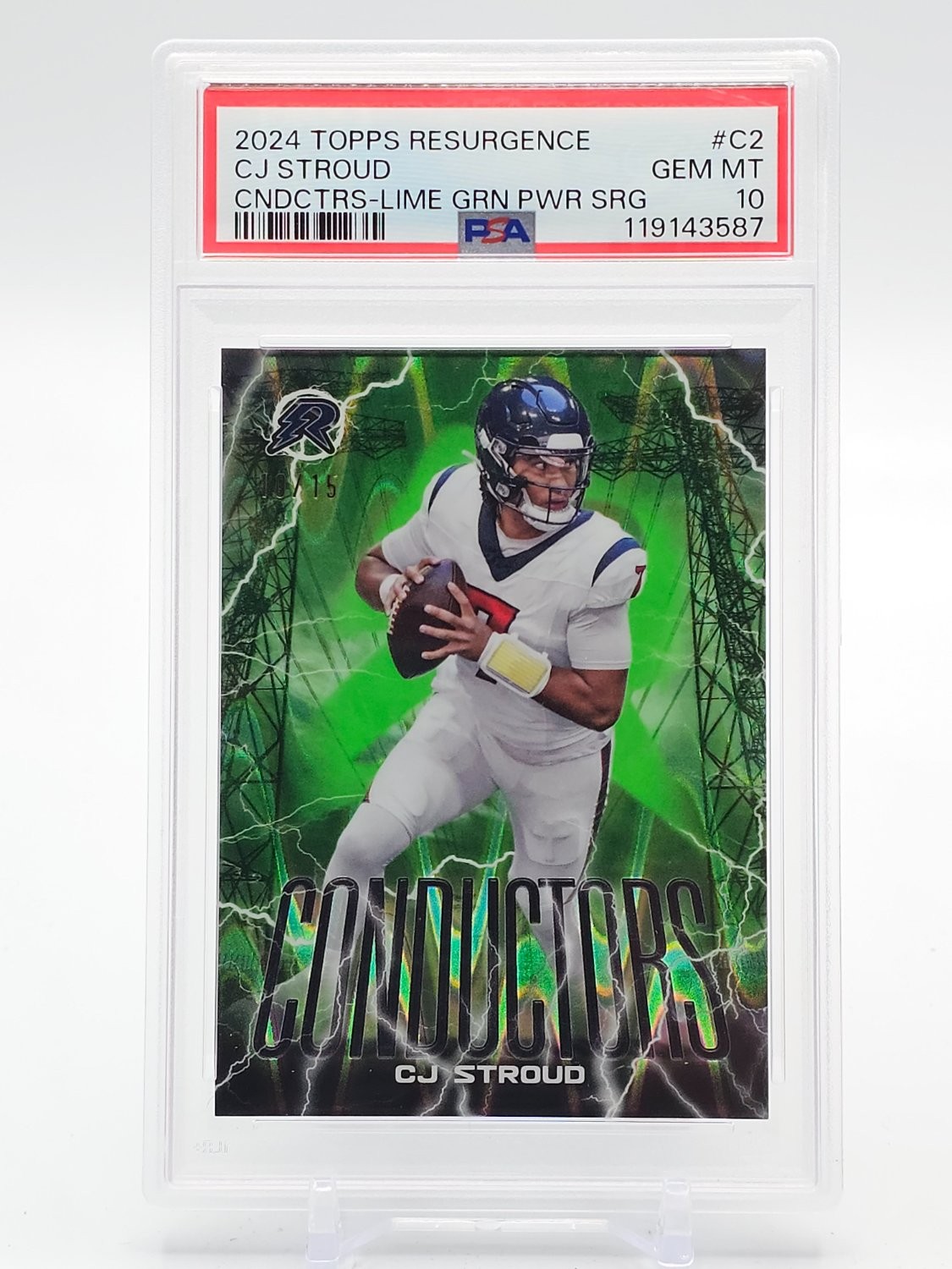 CJ STROUD 2024 TOPPS RESURGENCE LIME GREEN POWER SURGE /15 PSA 10 Q5997 view 1