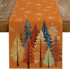Fall Watercolor Trees & Maple Leaves Table Runner 13x72 13"x72" Orange/Yellow