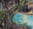 Gerhard Schulte-Dahling Lake Waterfall Tree Postwar Signed Watercolor 1959