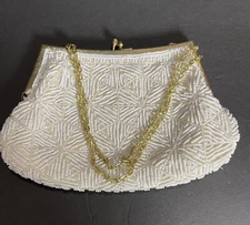 Vintage Magid Handbag Beaded Ivory And Gold Evening Purse Kiss Lock Hong Kong
