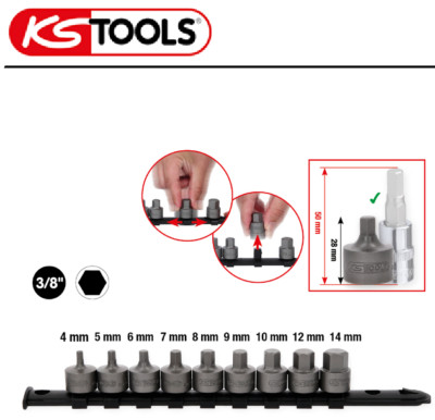 KS Tools extra kurze 3/8'' Bit-Stecknuss-Satz Innensechskant, kurz 9-tlg 4-14mm