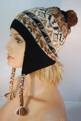 Inka Maki Alpaca Chullo Peruvian Beanie Hat with Braids Patterned Multicolor NEW