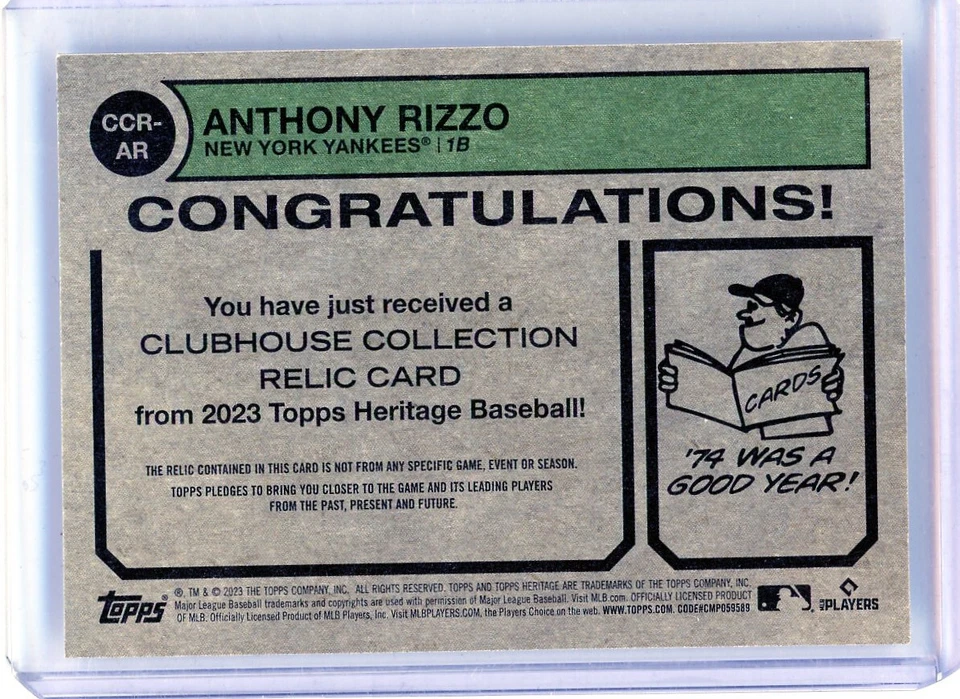 💥 ANTHONY RIZZO 2023 TOPPS HERITAGE CLUBHOUSE COLLECTION JERSEY RELIC # CCR-AR - Image 2 of 2
