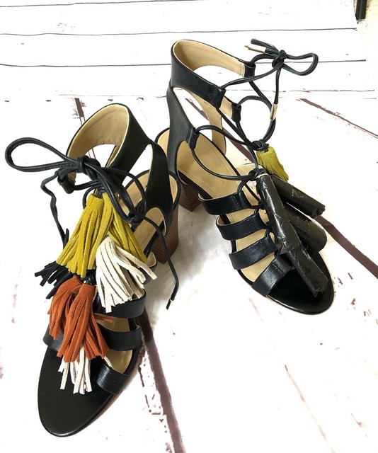 Marc Fisher Black Leather Tassel Strappy Heeled Sandals Womenâs Size 5 M NEW | eBay