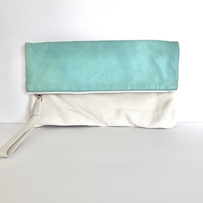 Alberta Di Canio ITALY Wristlet Foldover Clutch Bag Green/Ivory Textured Leather